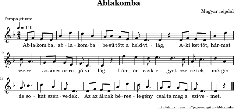 Ablakomba - music notes