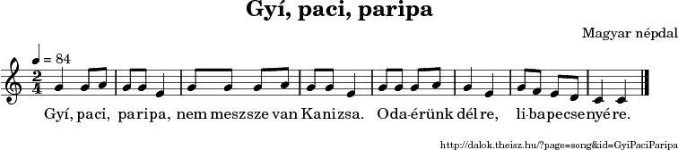 Gyí, paci, paripa - music notes