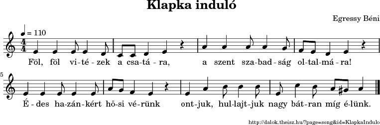 Klapka induló - music notes